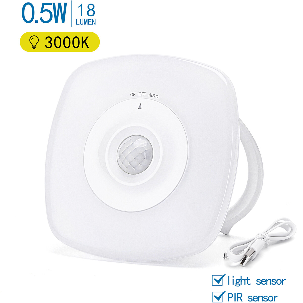 Lampe à Prise sur Batteries - Veilleuse avec Détecteur Jour/Nuit et de Mouvement. câble USB Incl. - Aigi Steksy - 0.5W - Blanc Chaud 3000K - Carré - Mat Blanc - Plastique