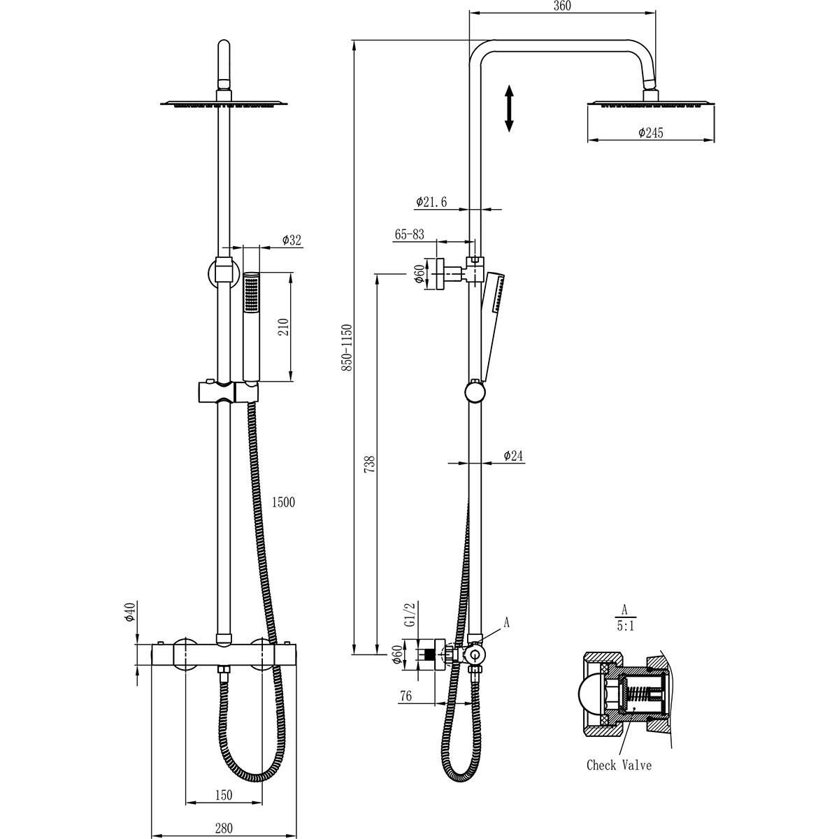 Ensemble de douche à effet pluie thermostatique - Leoni Rimbo - 20cm - Douche de tête ronde - Douchette à main en barre - Acier inoxydable - PVD - Or brossé