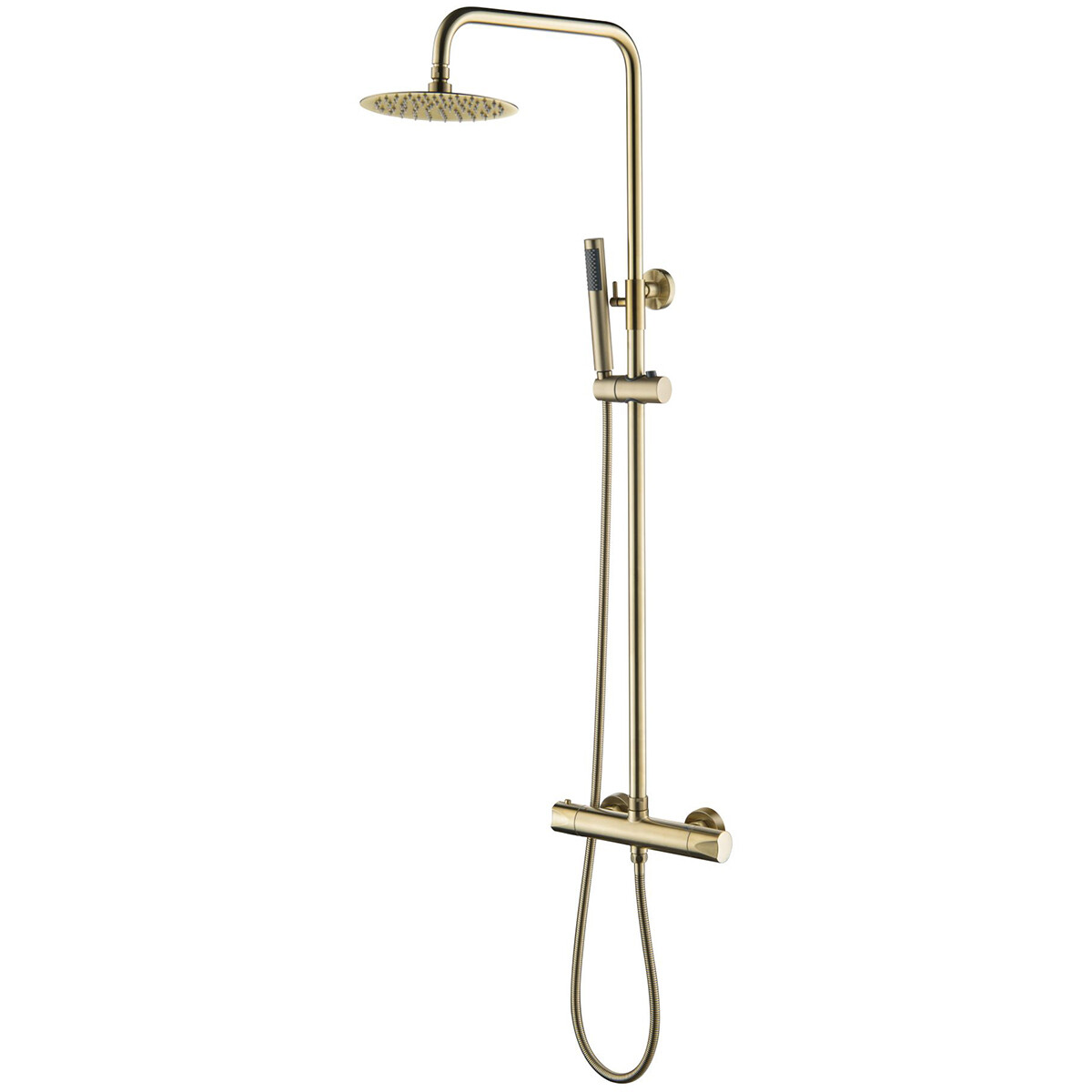 Ensemble de douche à effet pluie thermostatique - Leoni Rimbo - 20cm - Douche de tête ronde - Douchette à main en barre - Acier inoxydable - PVD - Or brossé