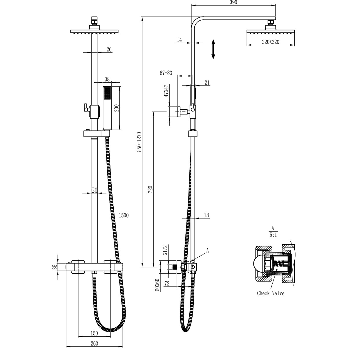 Ensemble de douche à effet pluie thermostatique - Leoni Rimbo - 22cm - Douche de tête carrée - Douchette à main en barre - Acier inoxydable - Chrome