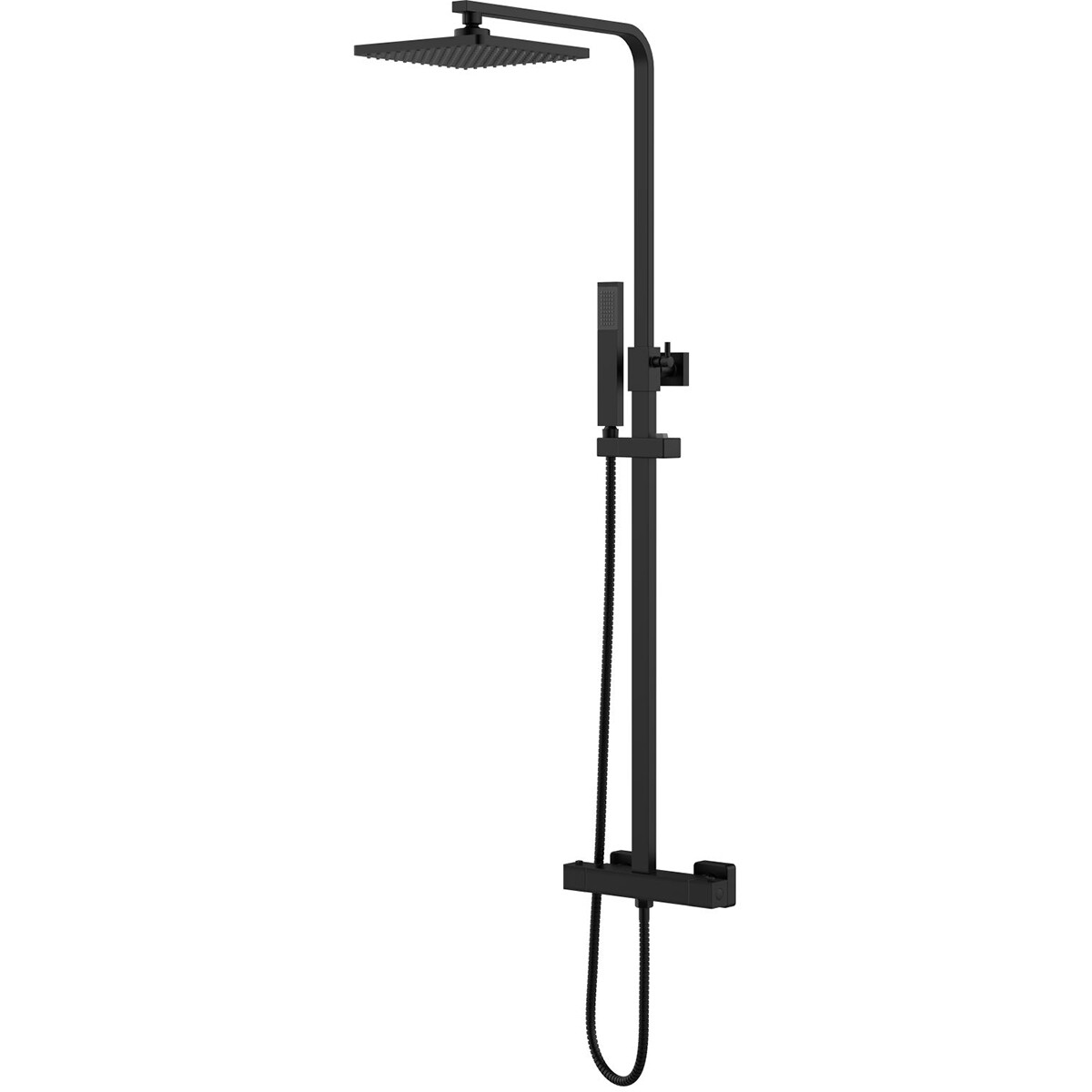 Ensemble de douche à effet pluie thermostatique - Leoni Rimbo - 22cm - Douche de tête carrée - Douchette à main en barre - Acier inoxydable - Noir mat