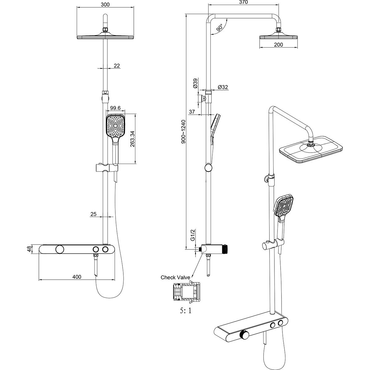 Ensemble de douche à effet pluie avec étagère - Leoni Inoli - 30cm - Douche de tête carrée - Douchette à main - Chrome/Blanc