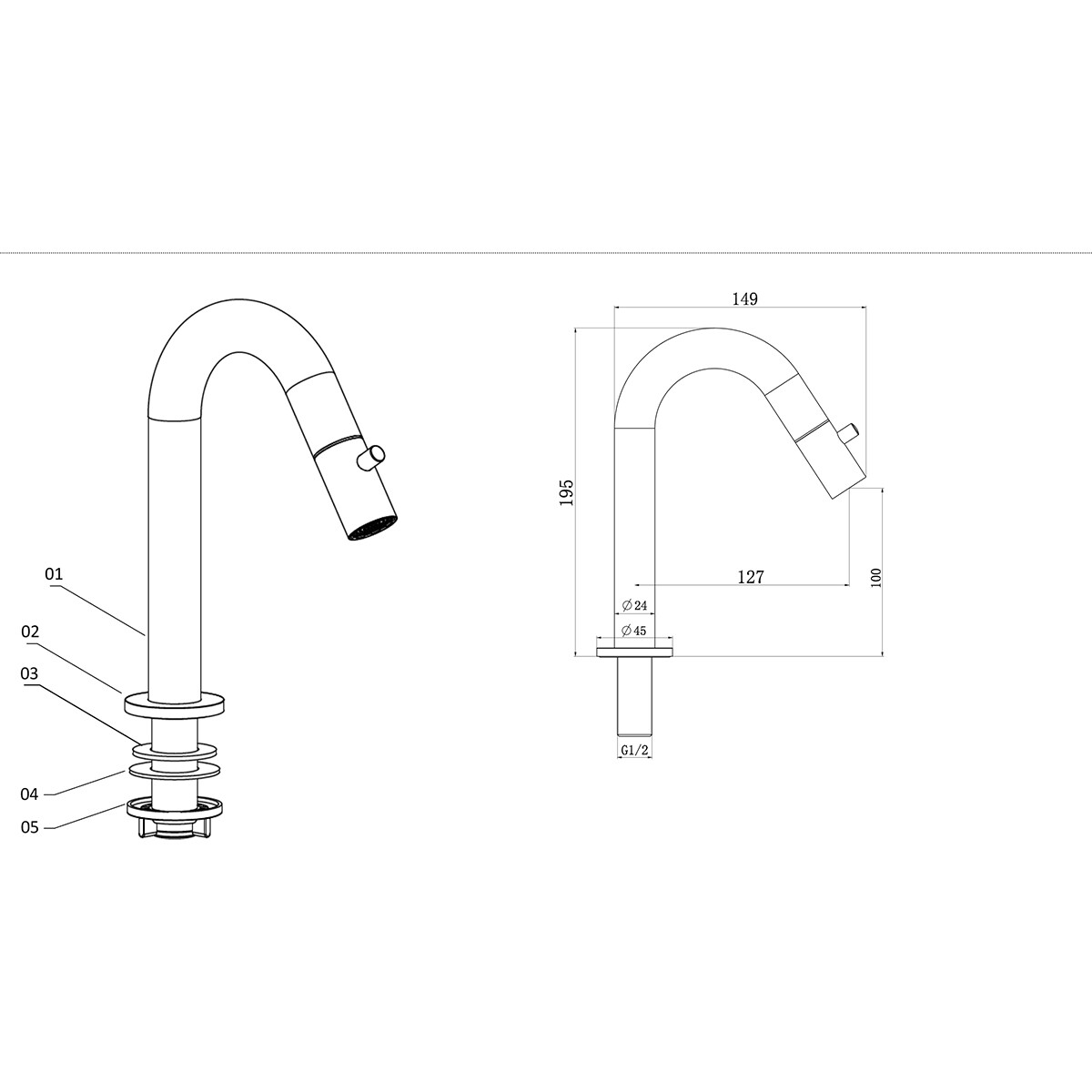 Robinet de toilette - Robinet de lavabo - Robinet d'eau froide 1/2 - Leoni Coldy - Montage en surface - Acier inoxydable - Chrome