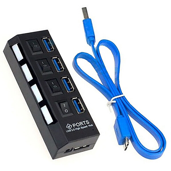 Hub USB - 4 Ports 3.0 Haute Vitesse - Adaptateur de Charge Multiple - Bouton On/Off - Éclairage LED - Noir