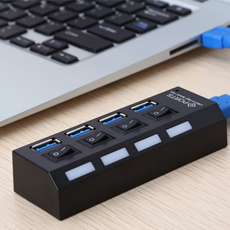 Hub USB - 4 Ports 3.0 Haute Vitesse - Adaptateur de Charge Multiple - Bouton On/Off - Éclairage LED - Noir