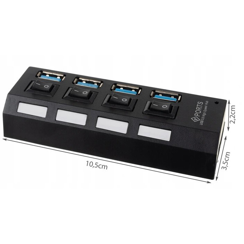 Hub USB - 4 Ports 3.0 Haute Vitesse - Adaptateur de Charge Multiple - Bouton On/Off - Éclairage LED - Noir