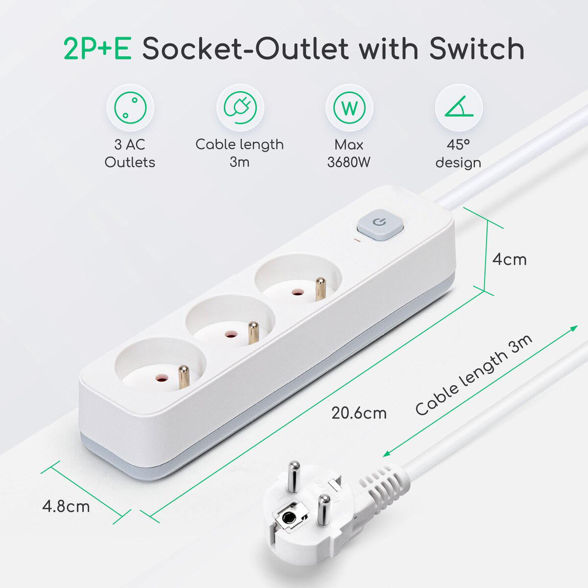 Multiprise avec Interrupteur - Aigi Anzim - 2300W - 3 Prises - 3 Mètres - Blanc