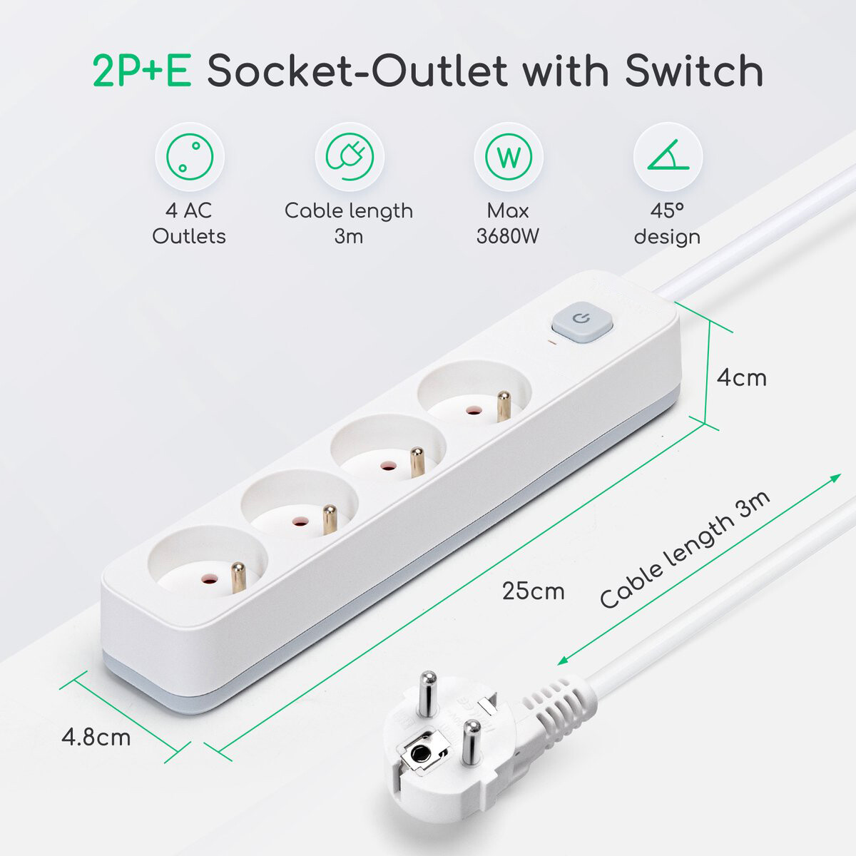 Multiprise avec Interrupteur - Aigi Anzim - 2300W - 4 Prises - 3 Mètres - Blanc