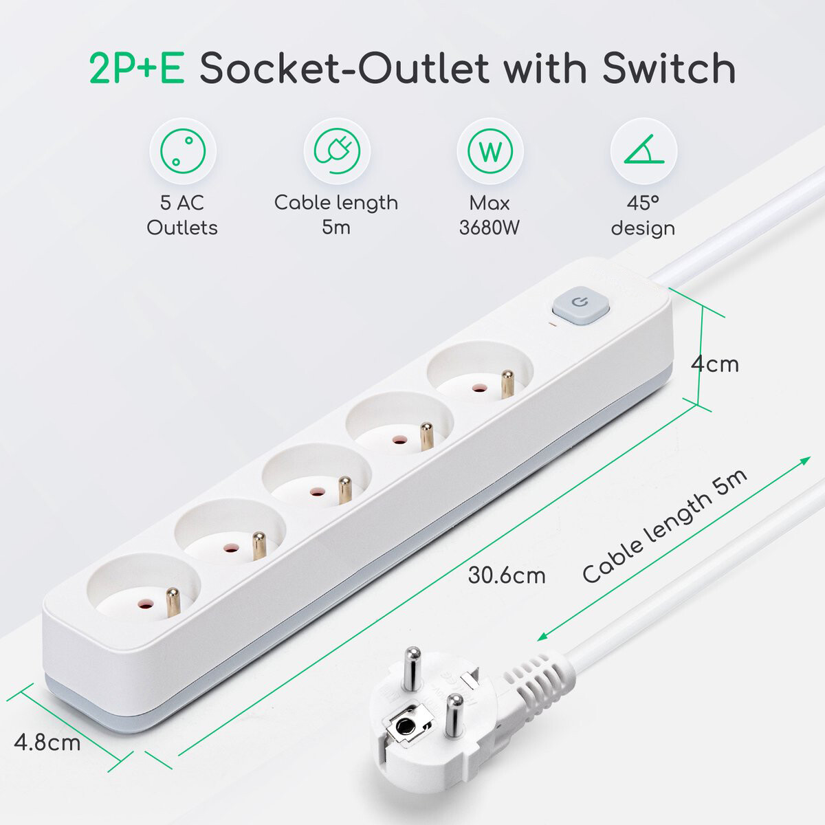 Multiprise avec Interrupteur - Aigi Anzim - 2300W - 5 Prises - 5 Mètres - Blanc