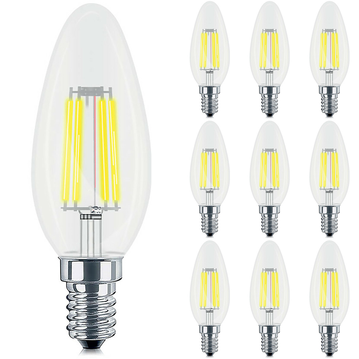 Pack Avantage 10x LED Lampe E14 Flamme Filament - Brinton - Clair 4W 470lm - 830 Blanc Chaud 3000K - C35 - CLR - Dim. | Remplace 40W