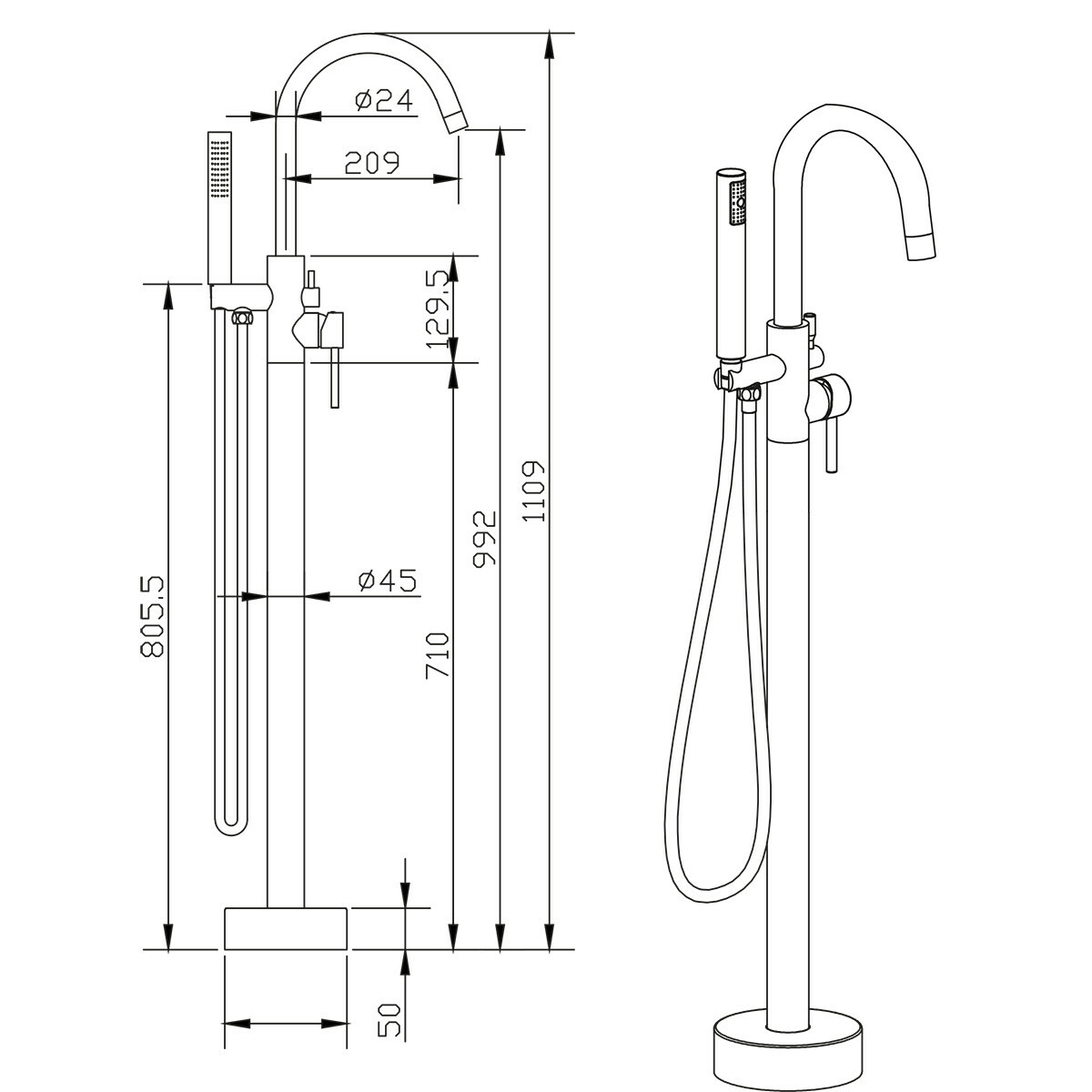 Bain Mural Autoportant - Leoni - 110.9 cm - Ensemble de Douchette - Inox - PVD - Or Brossé