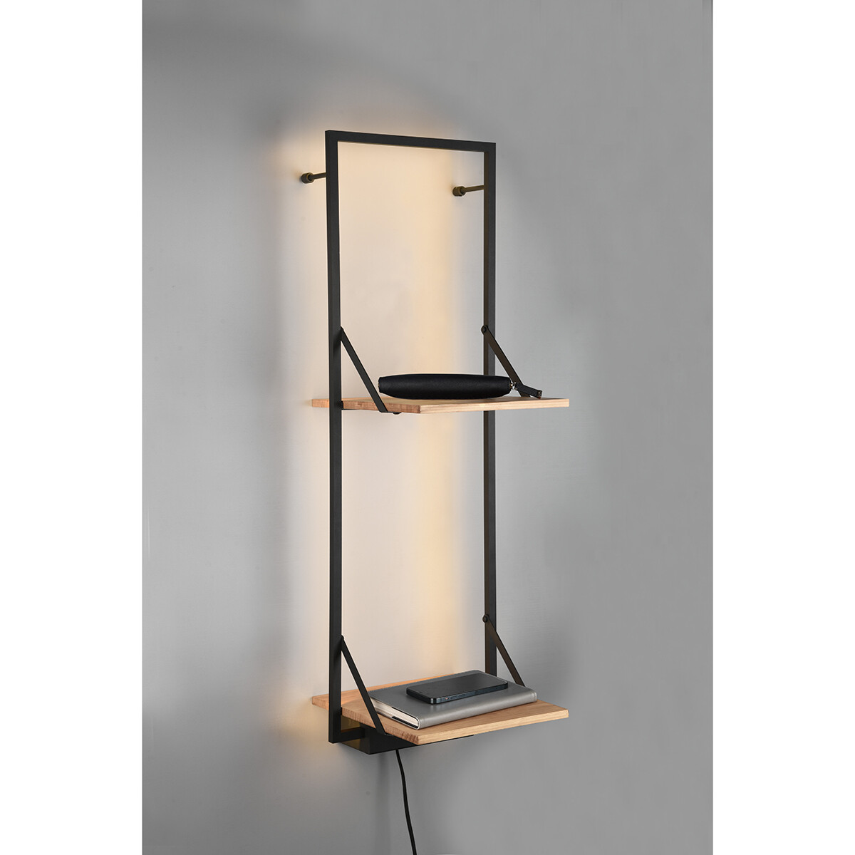 Etagère murale - Trion Lino - Étagère avec Éclairage LED et 2 Niveaux - 10W - Blanc Chaud 3000K - Noir