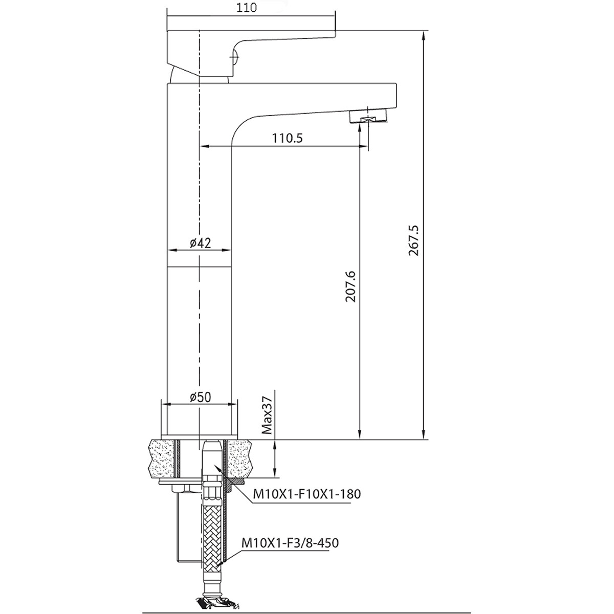 Robinet de lavabo - Mitigeur de lavabo - Leoni Verno - Hauteur augmentée - Montage en surface - Rond - Cuivre brossé