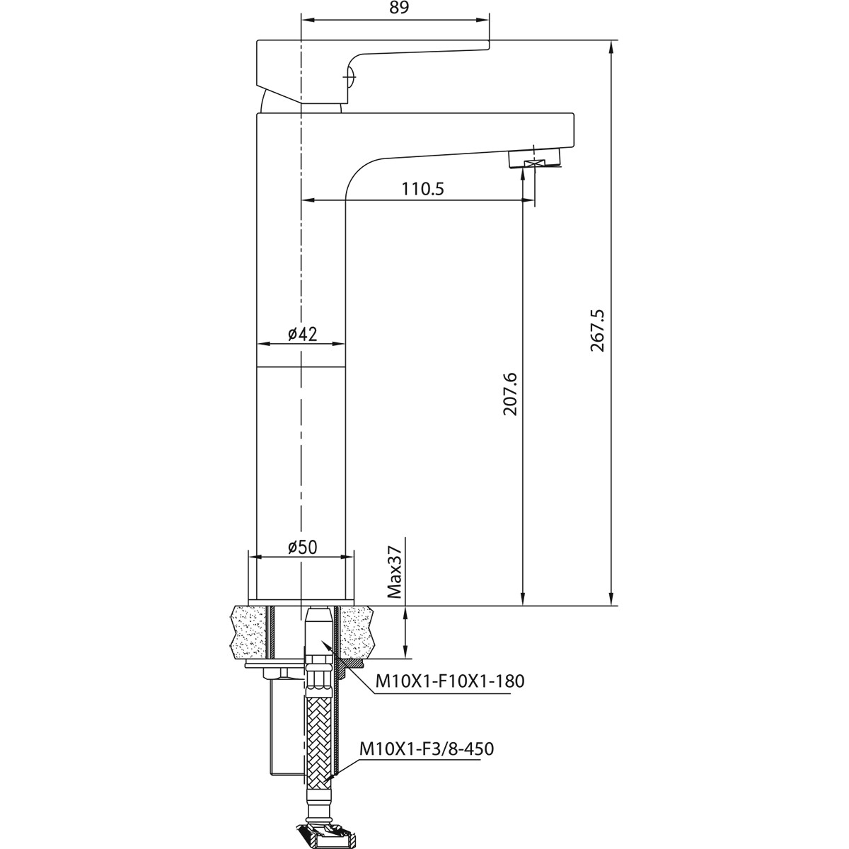 Robinet de lavabo - Mitigeur de lavabo - Versanix Sinpy - Hauteur augmentée - Montage en surface - Rond - Or